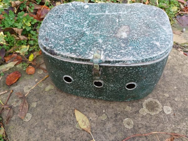 A green metal box, referred to as the Early Ferret Box, sitting atop a stone.