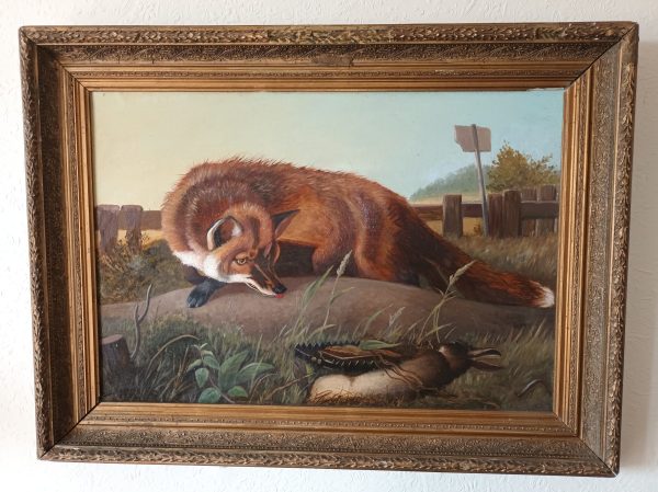 A painting of a fox and a duck on a wall.