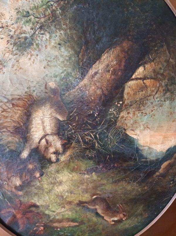 A George Armfield Terriers Chasing Rabbit painting in the woods.