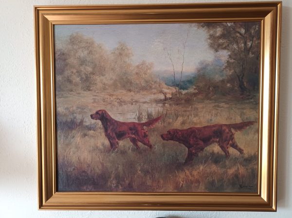 A painting of two red setters in a field.