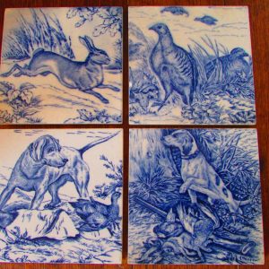 Set of four blue and white *RARE* Josiah Wedgwood game tiles with animals.