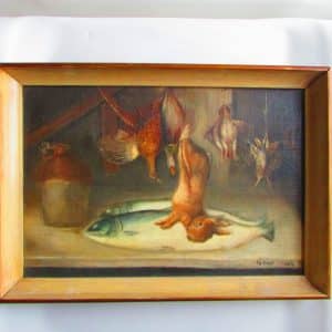 A Game Larder Oil Painting of a fish on a table in the game larder.