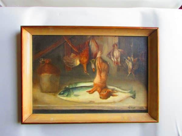 A Game Larder Oil Painting of a fish on a table in the game larder.