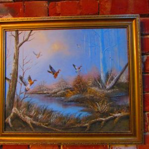 Oil on Canvas 'Ducks Landing' Painting: The product is an oil on canvas painting of ducks landing in a pond.